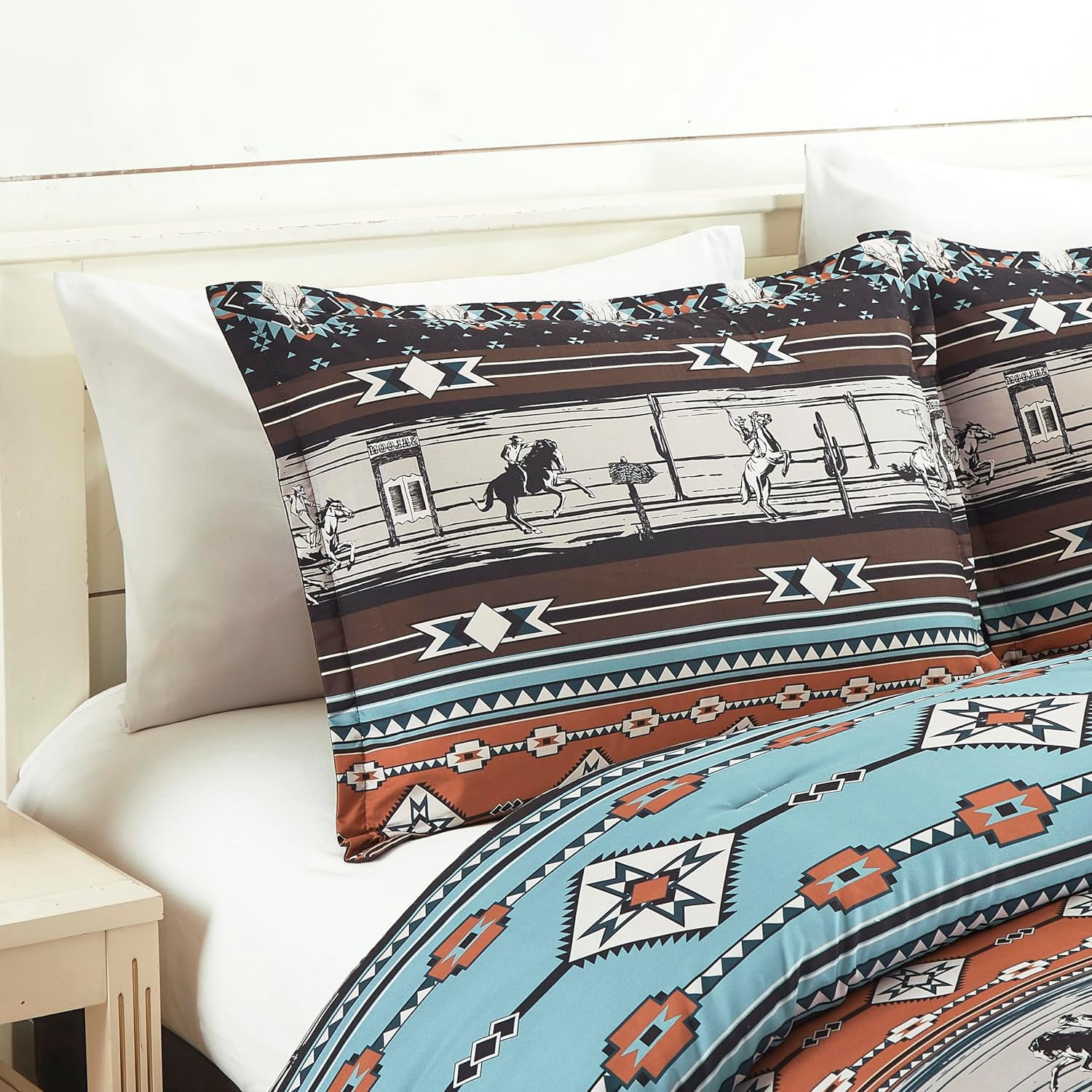 Chezmoi Collection Boone 7-Piece Southwestern Cowboys Rodeo Comforter Set, Multicolor Blue Brown Beige Clay Printed Washed Microfiber Bedding, California King