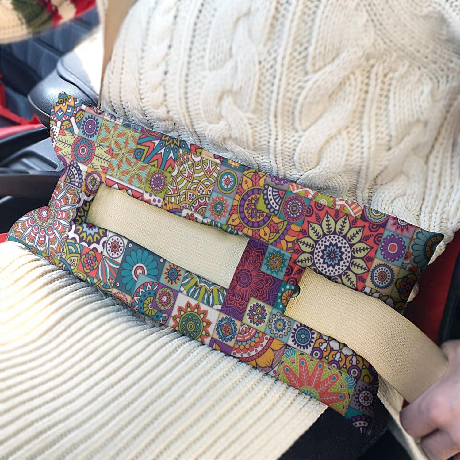 Vintage Retro Post Surgery Seatbelt Pillow - Floral Bohemian Mastectomy Car Cushion for Women, Tribal Folk Style Heart Surgery Recovery Pillow with Secure Straps