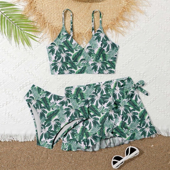 Zylarhe Girls Swimsuit 3 Piece Stylish Floral Print Three Piece Swimsuit Set For Girls Beach Summer Swimwear Outfit Big Kids And Tweens 16-17 Years Multicolour