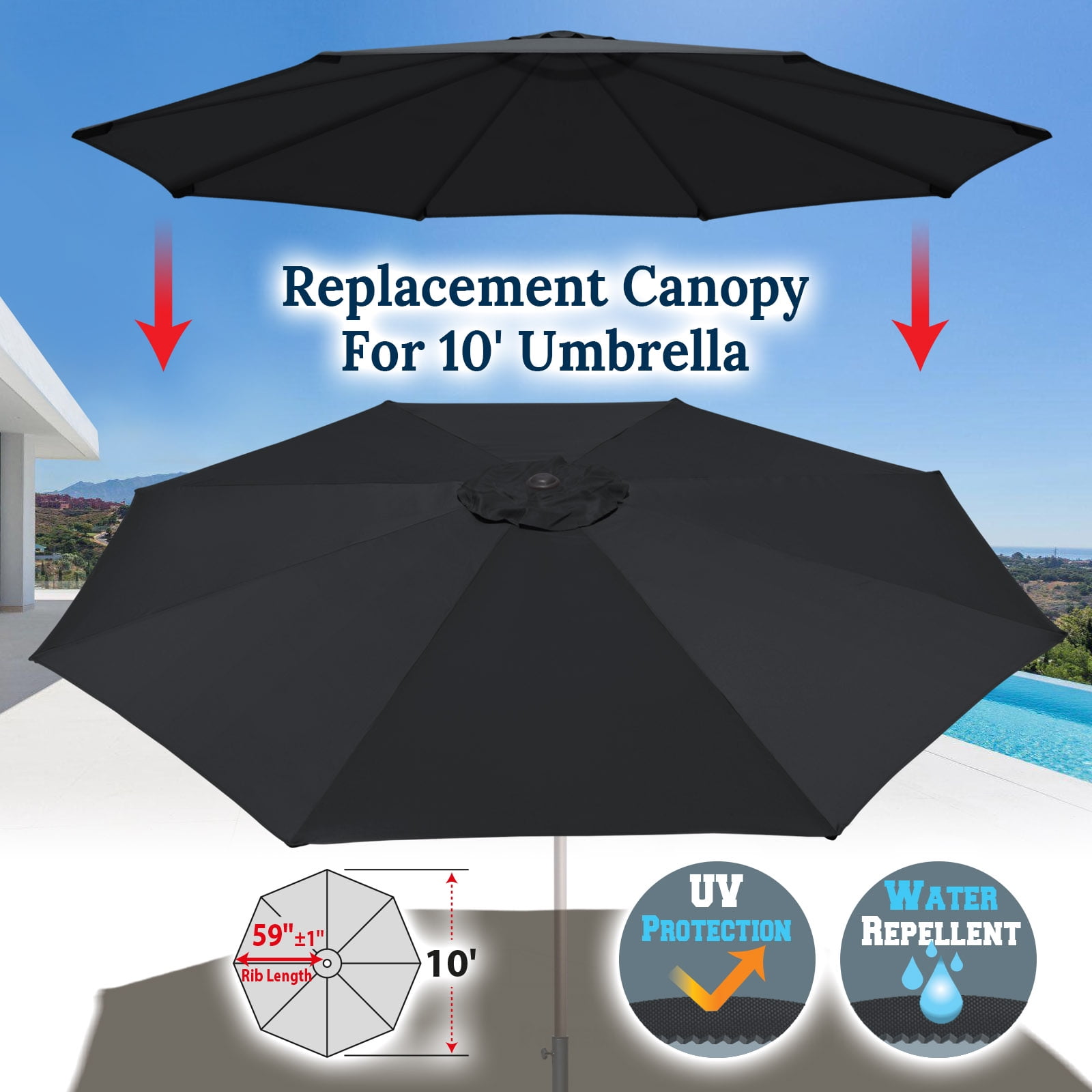 Sunrise 10' Umbrella Canopy Top Cover Patio Replacement Top Cover 8 Ribs Outdoor Sunshade (Black, Cover only, Frame not Included)
