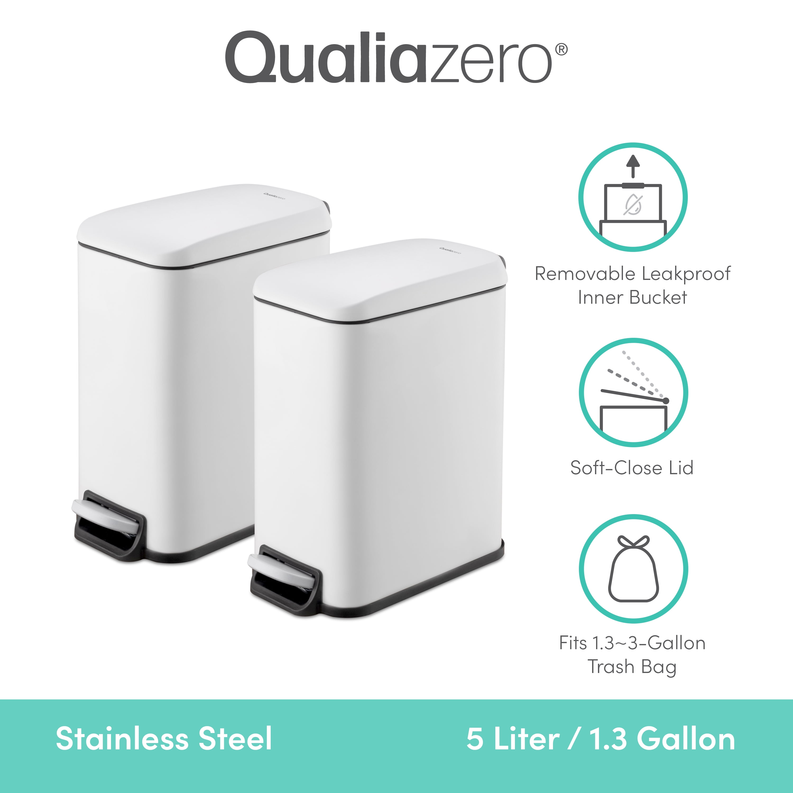 Qualiazero Bathroom Trash Can Combo, 1.3 Gallon Stainless Steel Slim Step Garbage Bin with Soft Close Lid, Matte White, Pack of 2