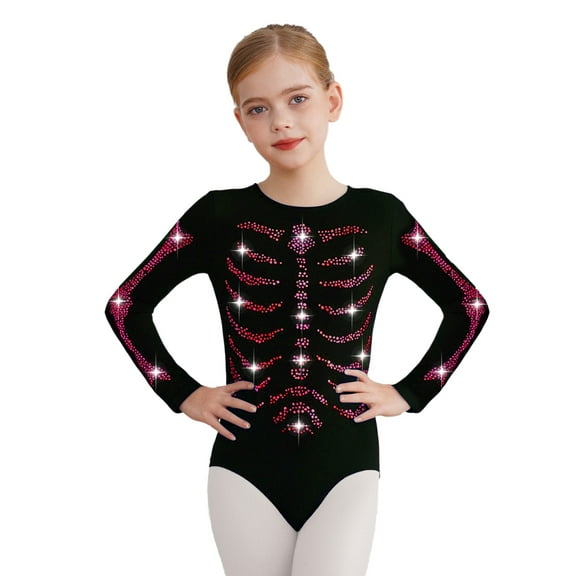 Lejafay Gymnastics Leotards for Girls Skeleton Bones Dance Leotard Long Sleeve Bodysuit Hot Pink 12