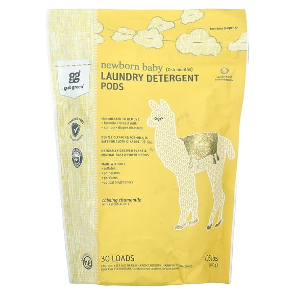 Grab Green Newborn Baby Laundry Detergent Pods, 0-4 Months, Calming Chamomile with Essential Oils, 30 Loads, 1.05 lbs (480 g)