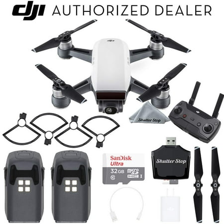 DJI Spark Drone Quadcopter (Alpine White) with Remote Controller, 2 Batteries, Sandisk 32GB Memory Card, Card Reader, Prop Guards, Charger, Bundle Starter