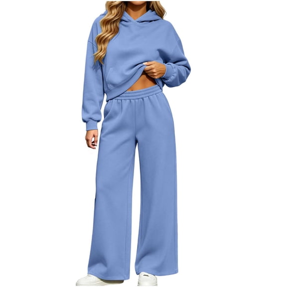 Women 2 Piece Outfits Long Sleeve Cropped Hoodie Sweatshirt High Waist Wide Leg Pants Casual Loose Sweatsuit Set for Daily Workout Jogging Streetwear Blue M