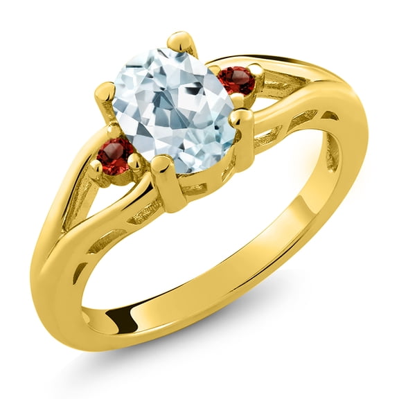 Gem Stone King 18K Yellow Gold Plated Silver Sky Blue Aquamarine and Red Garnet 3 Stone Engagement Ring for Women | 1.30 Cttw | Oval 8X6MM | Round 2MM | Gemstone March Birthstone | Size 6