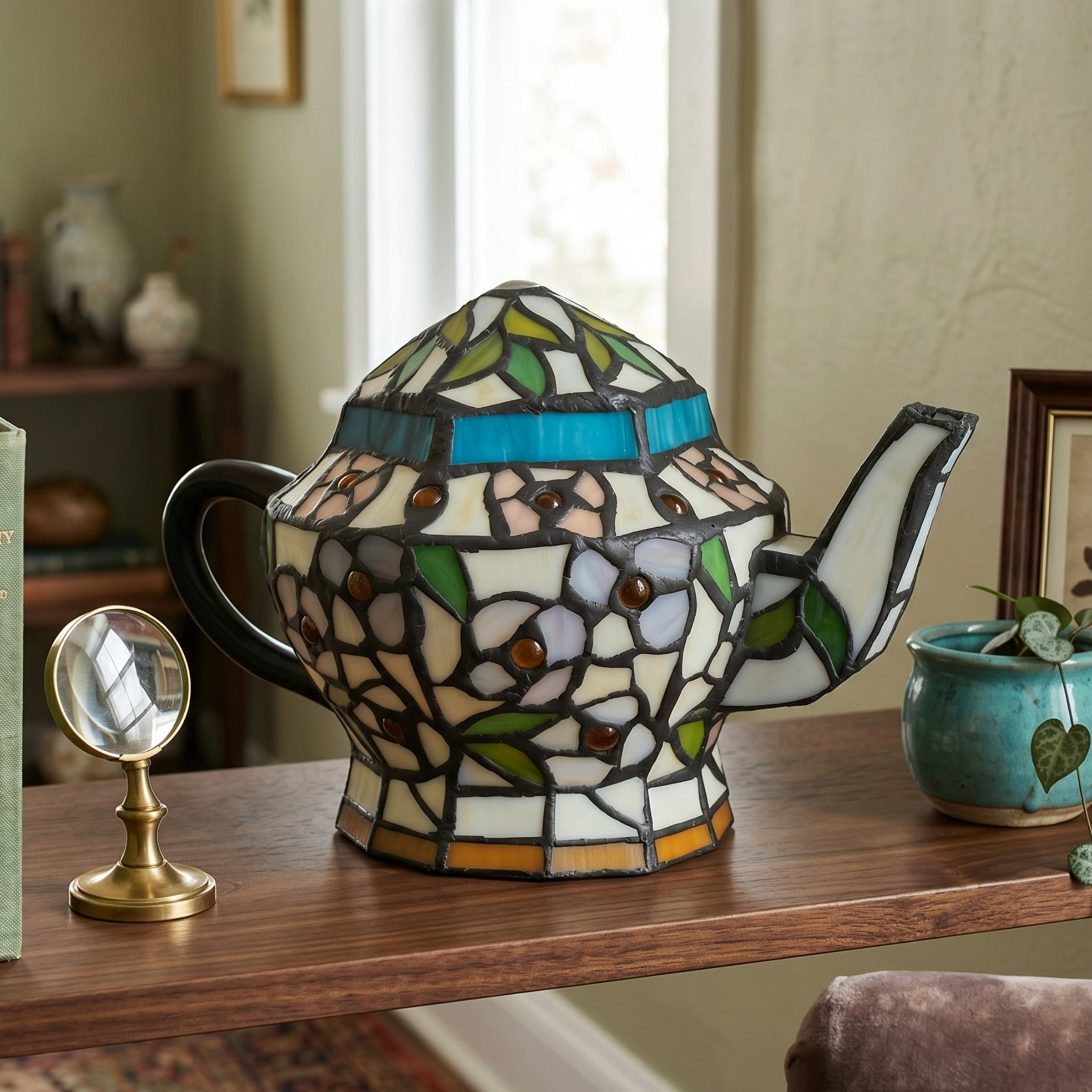 Lavish Home Teapot Lamp - Tiffany Style Stained Glass Table or Desk Light with LED Bulb Included