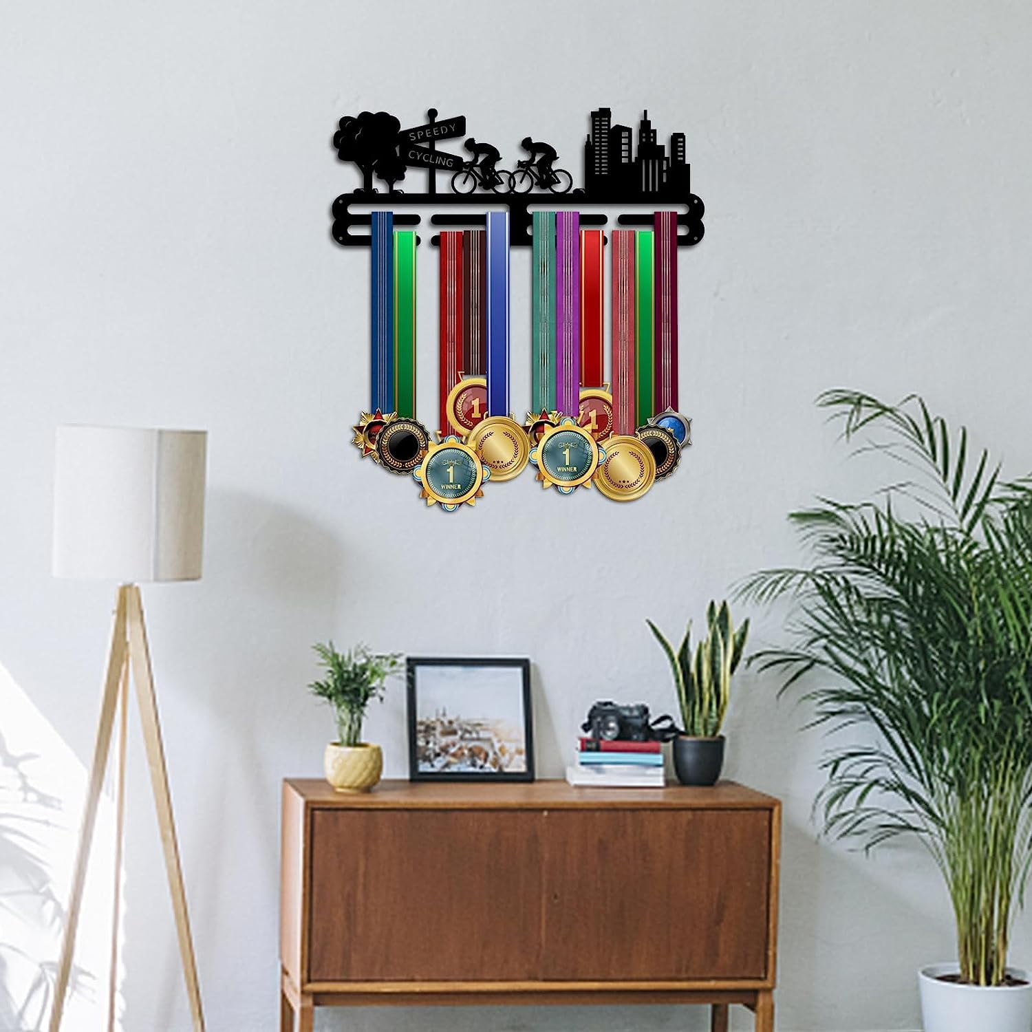 Cycling Medal Hanger Display Competition Medal Holder 3 Lines Sport Award Rack Wall Mount Iron Frame for Over 50 Medals Necklace Jewelry 40x15cm/15.7x5.9inch DIY
