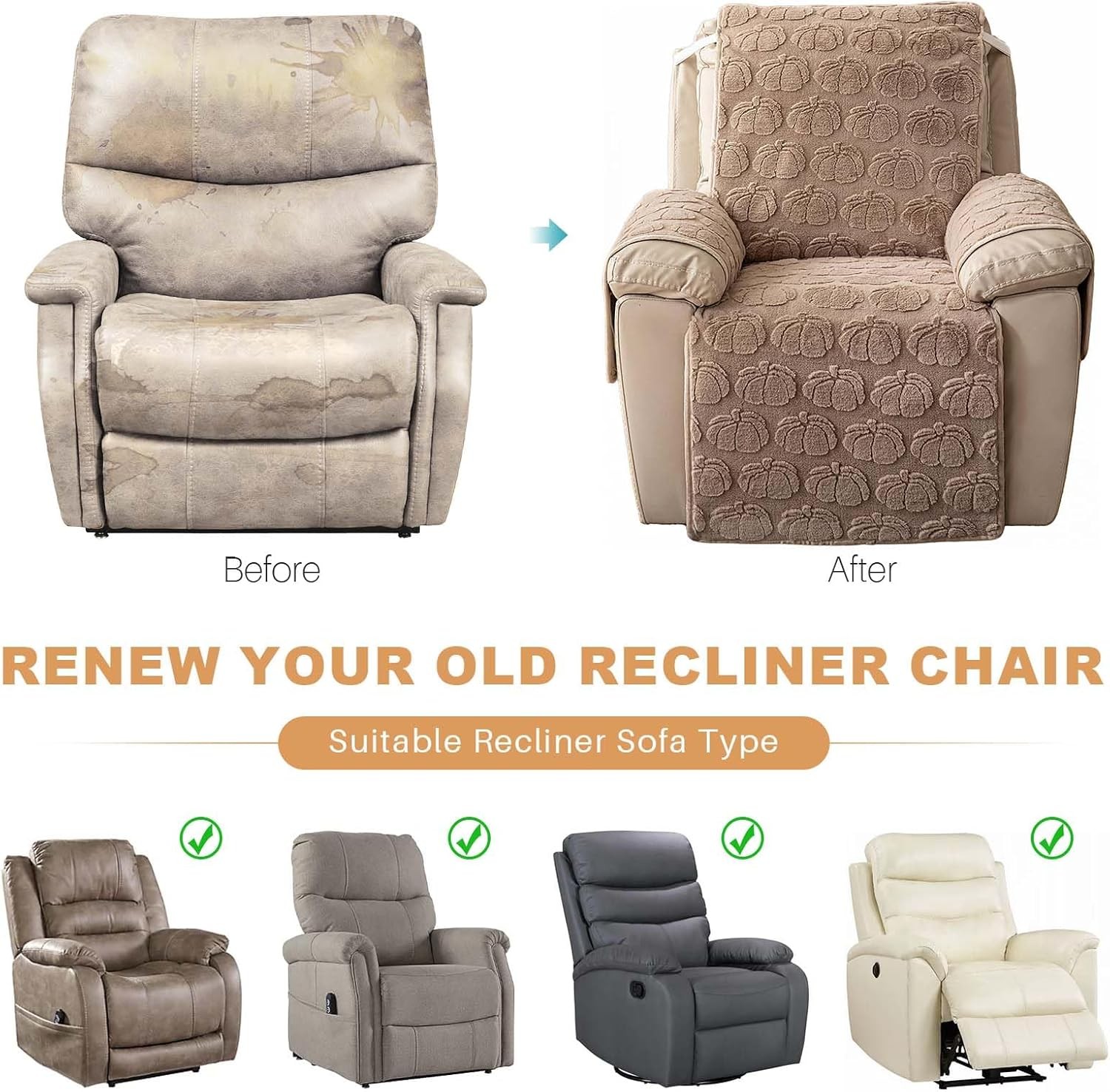 TOPCHANCES Plush Recliner Chair Cover, Faux Rabbit Fur 1-Seater Sofa Cover, Washable Armchair Protector with Adjustable Elastic Belt for 23 Inches Recliner (Khaki)