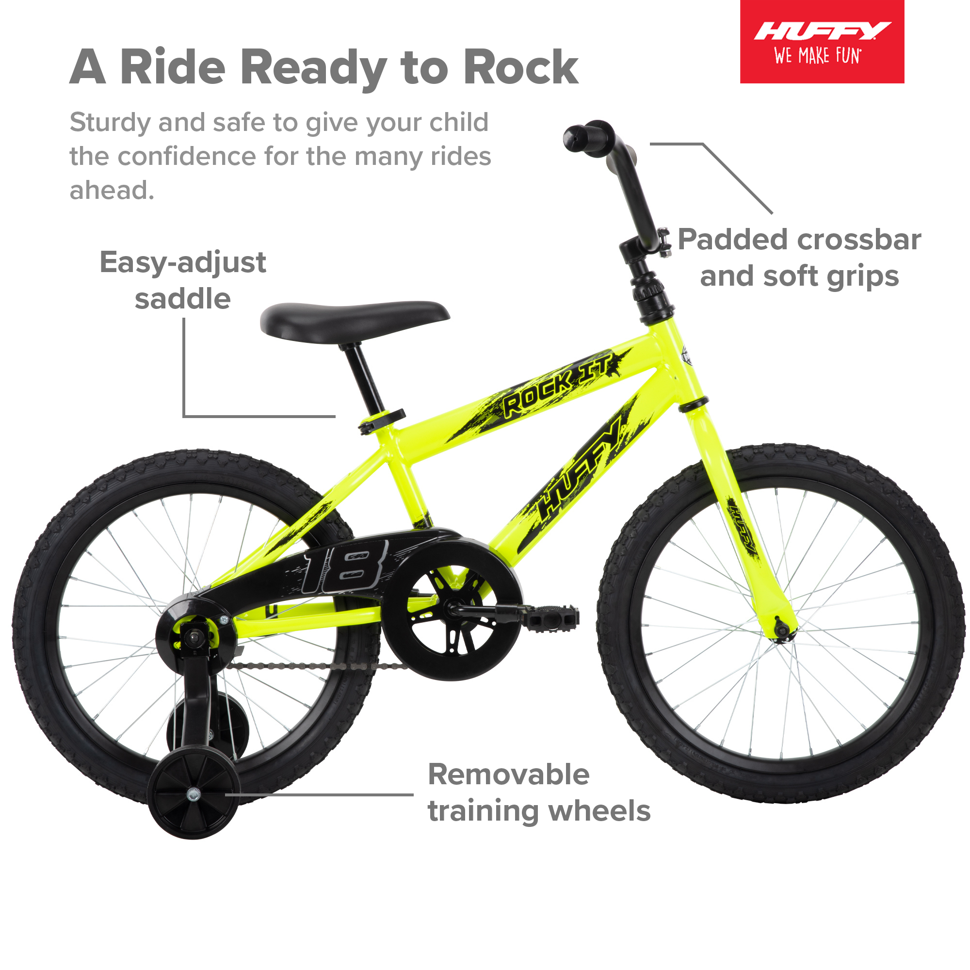 Huffy 18 in. Rock It Kids Bike for Boys Ages 4 and up, Child, Neon Powder Yellow - image 4 of 16