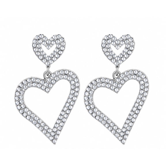 Rhinestone Open Heart Dangle Earrings for Women, Silver Tone Crystal Heart Statement Earrings, Sparkly Romantic Fashion Jewelry