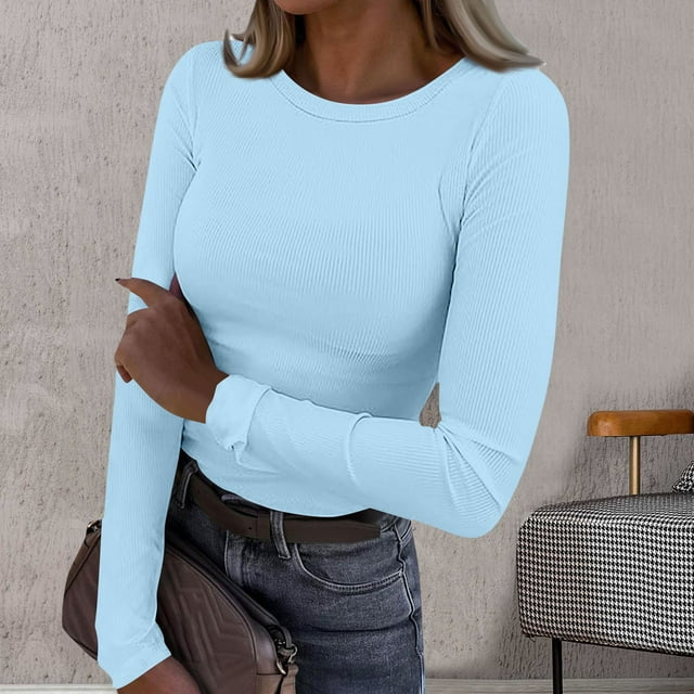 T-shirt à Manches Longues Extensible Col Rond Côtelé Ajusté Décontracté Basique pour Femmes Chemise de Course à Manches Longues pour Femmes Compression Active