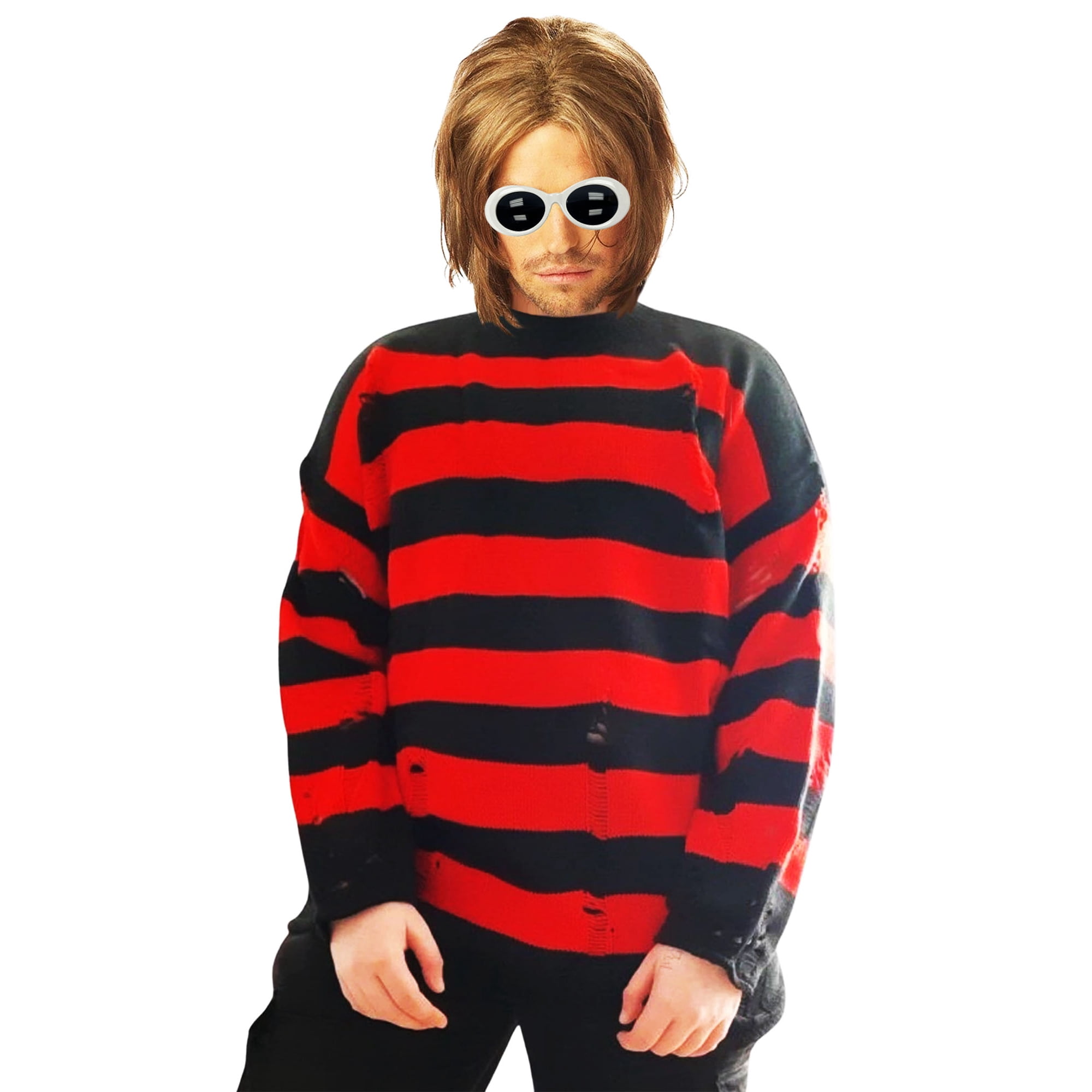 Kurt Cobain Striped Sweater Deluxe Costume Wig And Sunglasses Nirvana  Grunge 90s - Walmart.com