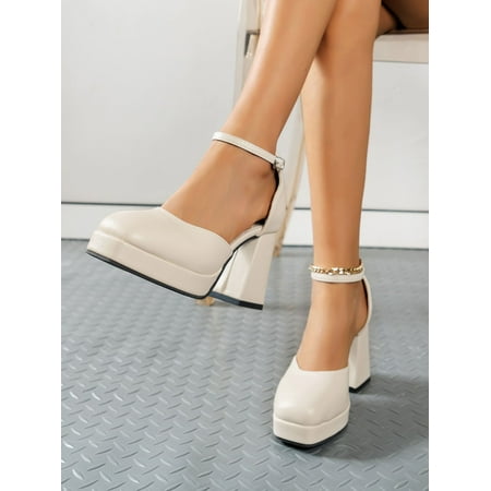 

Minimalist Square Toe Platform Chunky Heeled Ankle Strap Pumps Women‘s Footwear