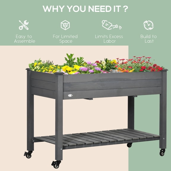 NOBOLEA 2-Tier Raised Garden Bed with Shelf, Elevated Wooden Planter Box with Storage Shelf, Mobile Herb Flower Pot for Indoor Outdoor Patio, Dark Gray