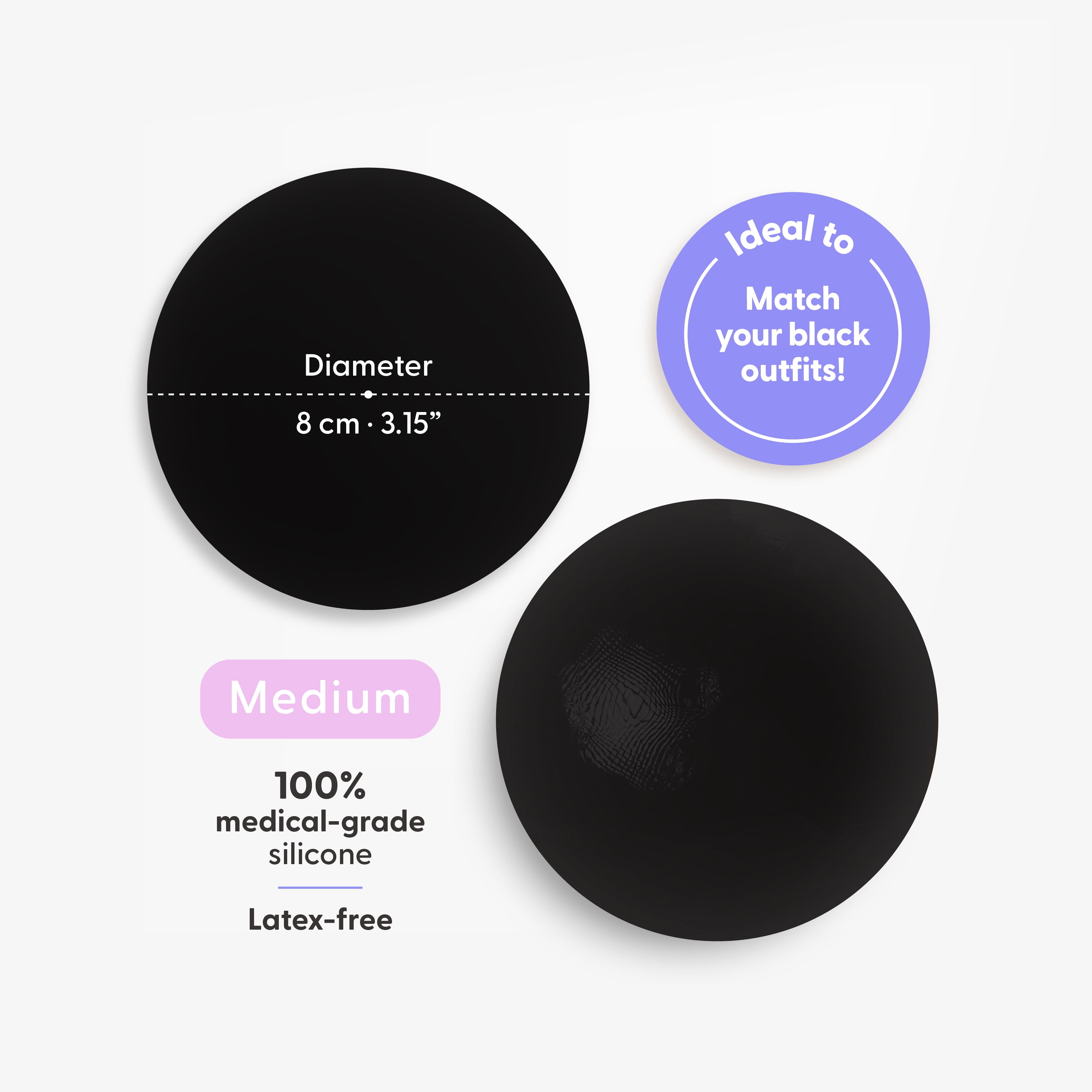 Nipskin Black Silicone Nipple Covers for Women, Reusable Adhesive Pasties for Dark Clothing, Medium