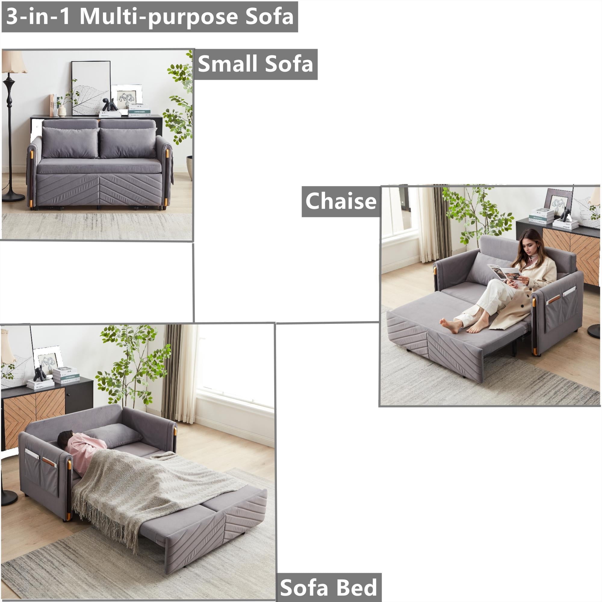 Aukfa Velvet Futon Convertible Loveseat Sleeper Sofa, Full Size, 2Pillows&Side Pockets, Gray