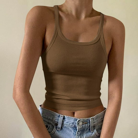 Karight Women's Spaghetti Strap Scoop Neck Ribbed Tank Tops Ribbed Sleeveless Slim Fit Camisole Summer Casual Outfits