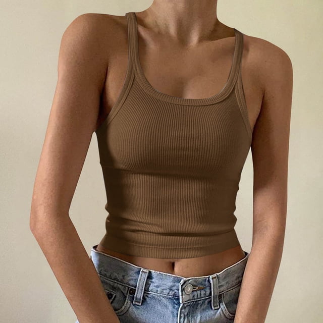 Karight Women's Spaghetti Strap Scoop Neck Ribbed Tank Tops Ribbed Sleeveless Slim Fit Camisole Summer Casual Outfits