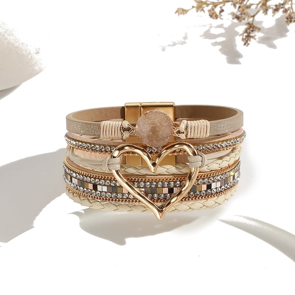 PU Leather Crod Multi-strand Bracelet Bohemia Bracelets for Women Metal Heart Link Bracelet Bohemia Bracelets with Magnetic Clasps Tan 7-5/8 inch(19.5cm)