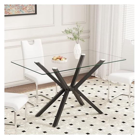 Dining Table Modern Tempered Glass Dinner Table, Rectangle Kitchen Table with Sturdy Metal Legs, Contemporary Minimalist Design, Ideal for Dining Room, Kitchen, or Small Spaces (Black, 47.24")