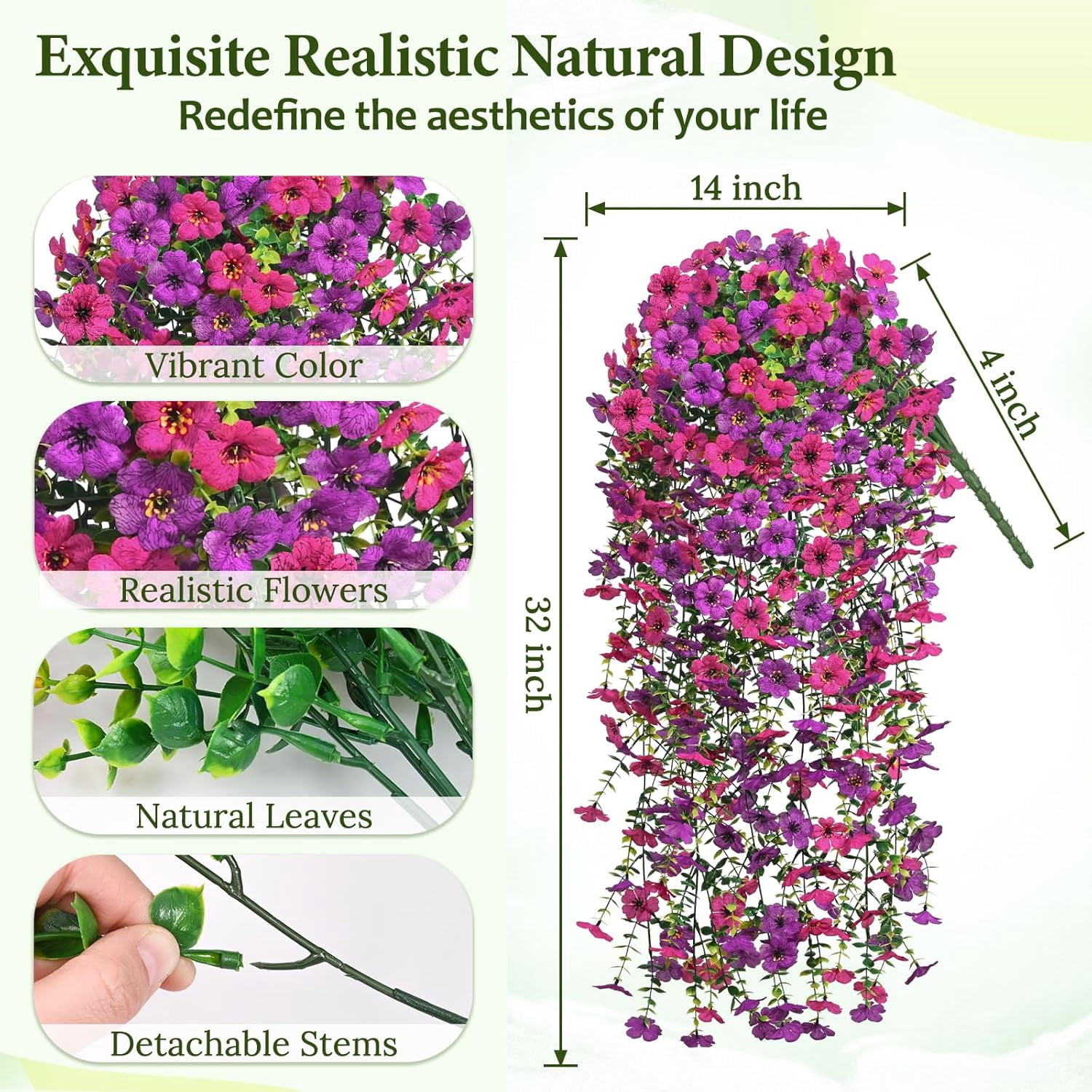 Waipfaru Artificial Hanging Flowers for Outdoors Spring Summer Decoration,2 Pcs UV Resistant Faux Silk Violet Fake Flowers for Garden Porch Window Home Decor(Purple&Rose Red)