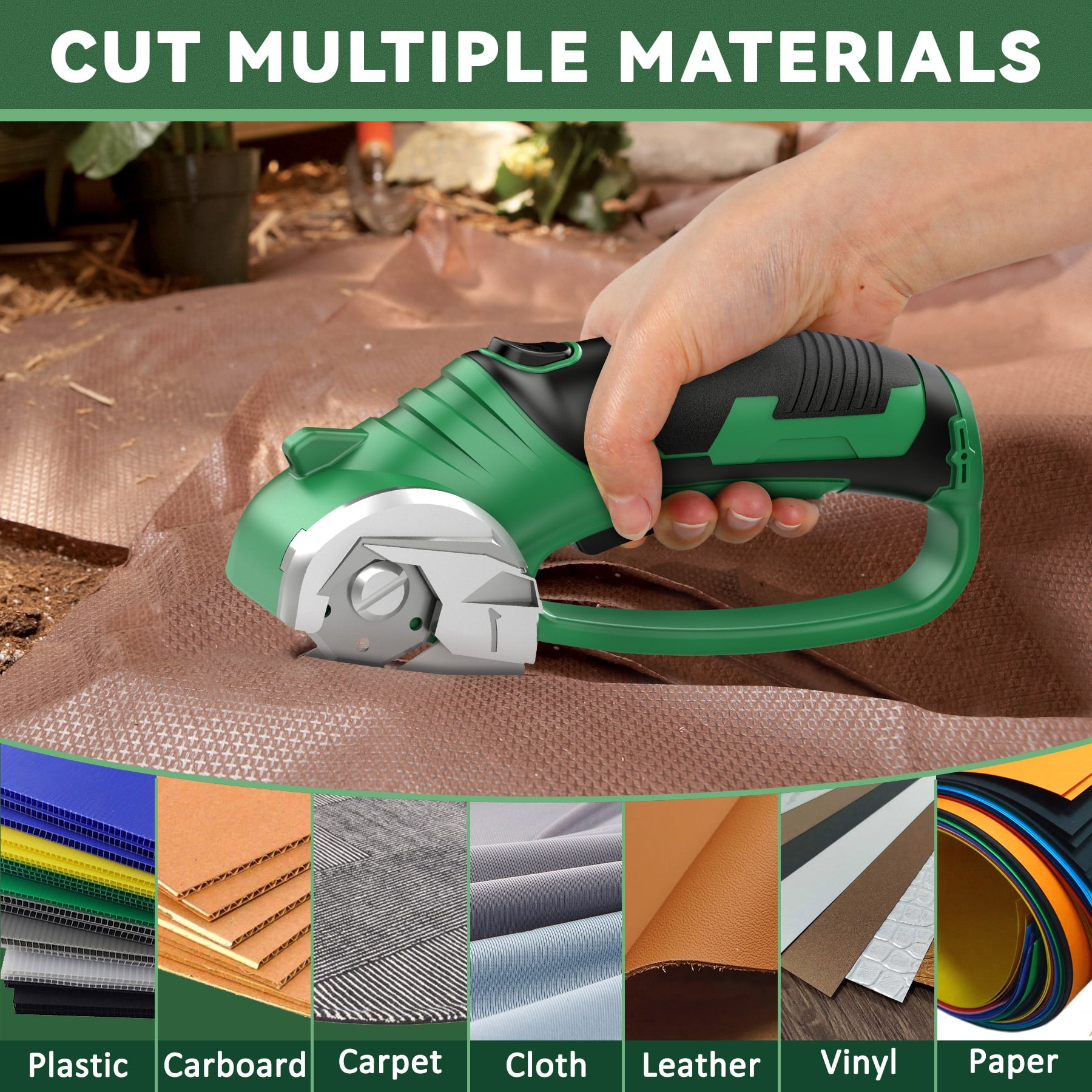 Jellas Cordless Electric Scissors, Cardboard Cutter, Rechargeable Powerful 4V Scissor Cutting Tool for Cardboard, Fabric, Leather, Green