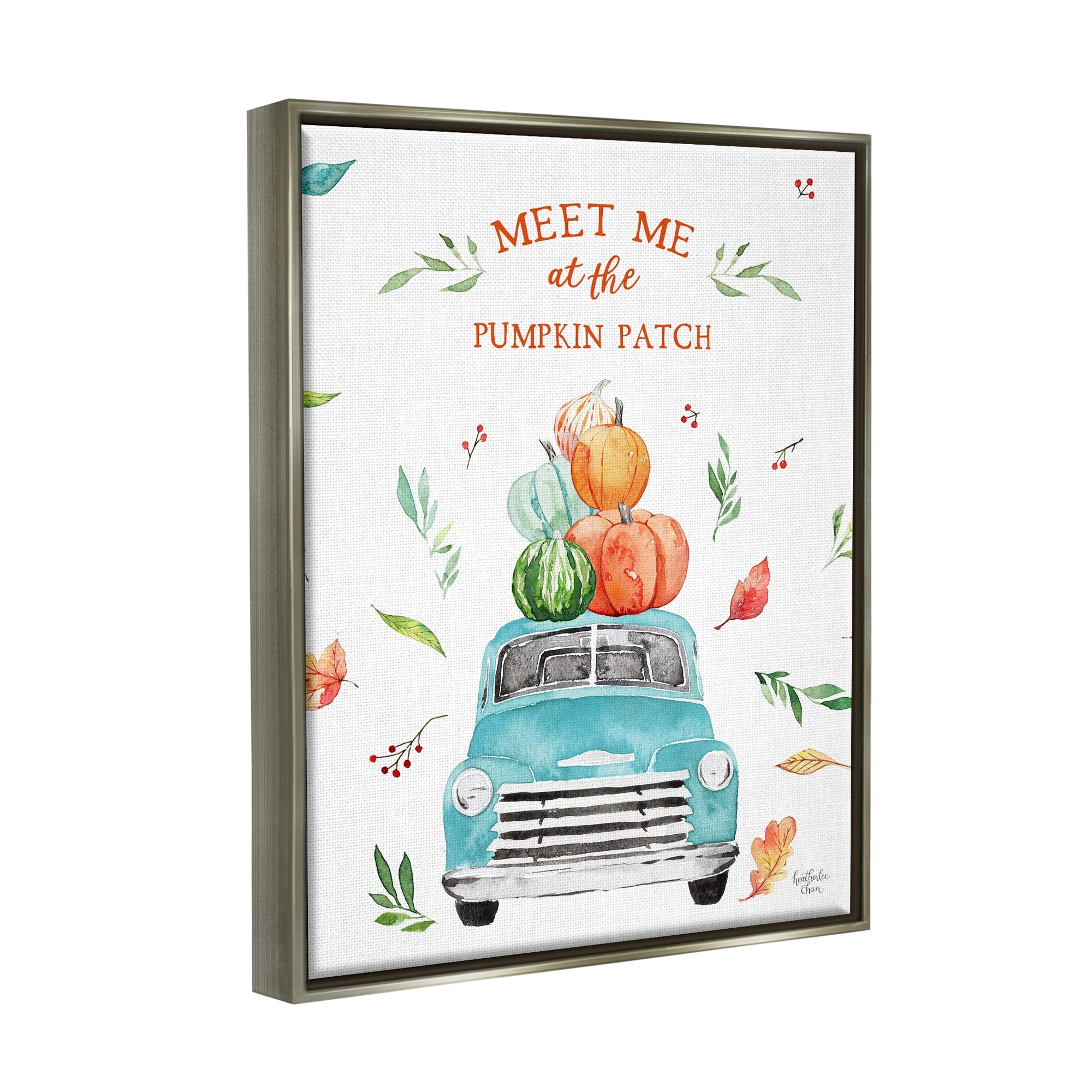 Stupell Industries Pumpkin Patch Seasonal Leaves Botanicals Blue Truck Graphic Art Luster Gray Floating Framed Canvas Print Wall Art, Design by Heatherlee Chan