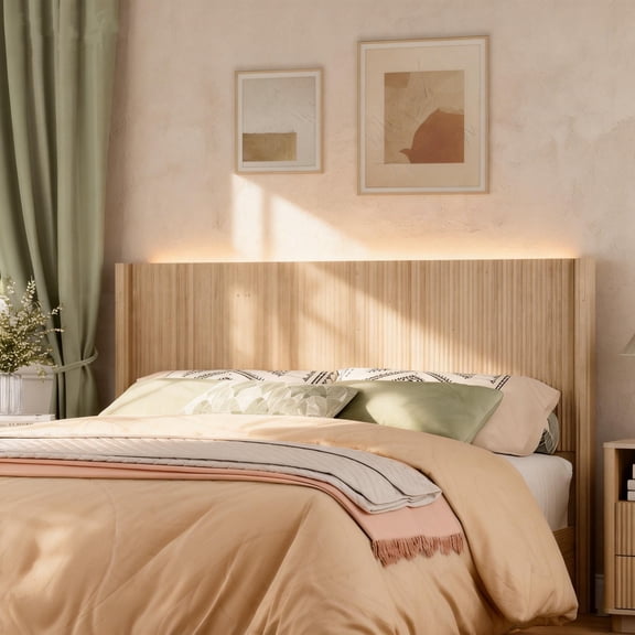 HMstone Queen Size Boho Headboard Only, Modern Fluted Wall-Mounted Head Board with Lighting, Wood Bed Headboard Stylish Bedroom Decor, Natural