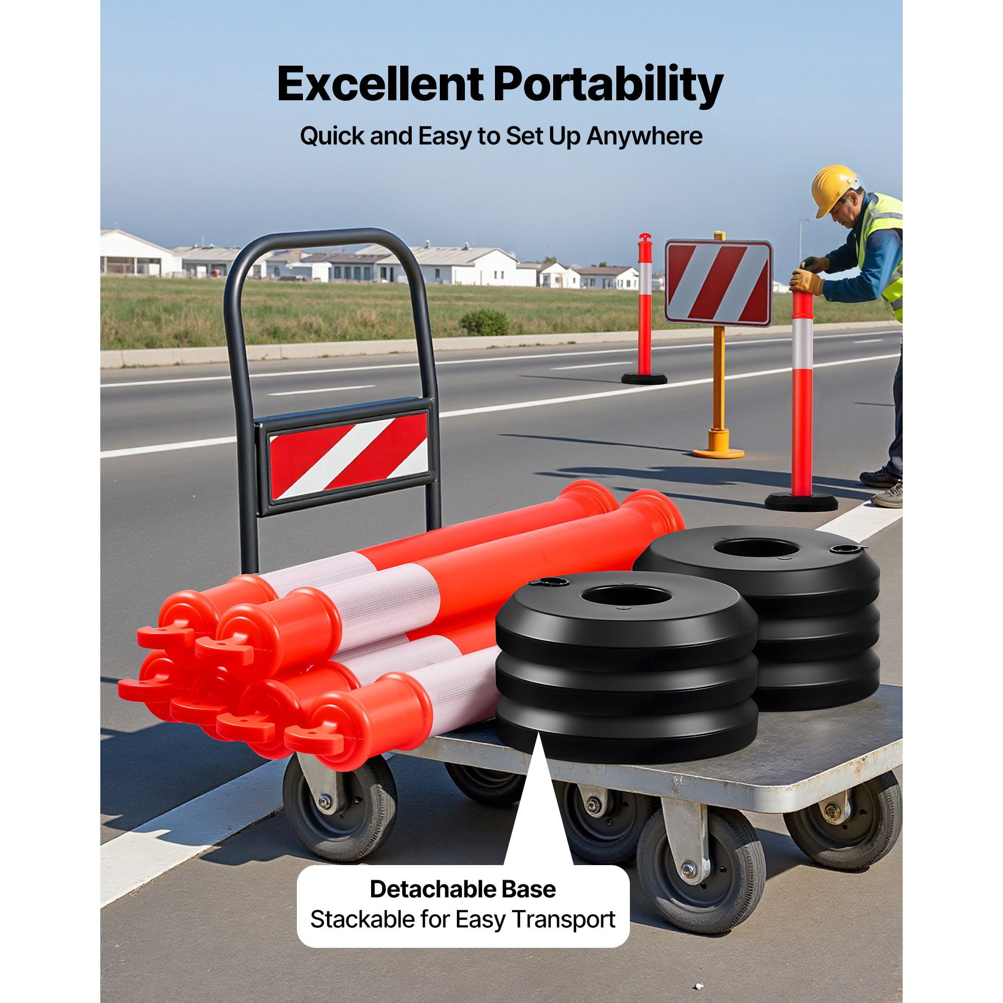 Traffic Delineator Posts 2-Pack 48" with Reflective Strips, Fillable Base, for Construction Site Parking Lot Crowd Control