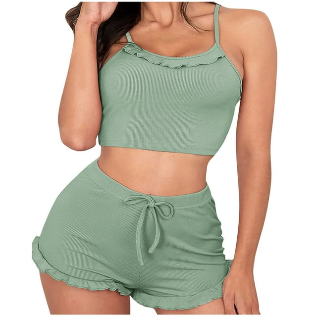 Timegard Lounge Sets for Women Cropped Round Neck Camis Ruffle Shorts Casual Comfy Summer Outfits