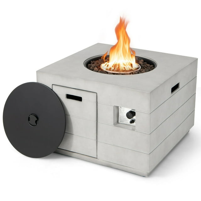 Gymax 34'' Square Concrete Propane Fire Pit Table w/ Lava Rocks Rain Cover 50,000 BTU