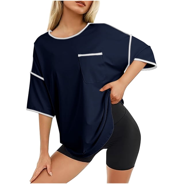 Plebaso Womens Casual T-Shirts Short Sleeve Crew Neck Loose T Shirts Summer Basic Tees Tops with Pockets