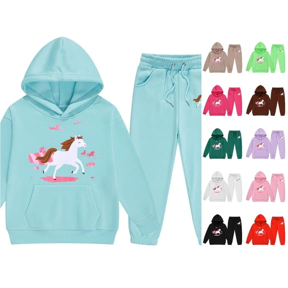 RUTAYY Girls 2 Piece Outfit Set Long Sleeve Horse Print Hoodie Drawstring Waist Pocket Jogger Pants Matching Set Sky Blue