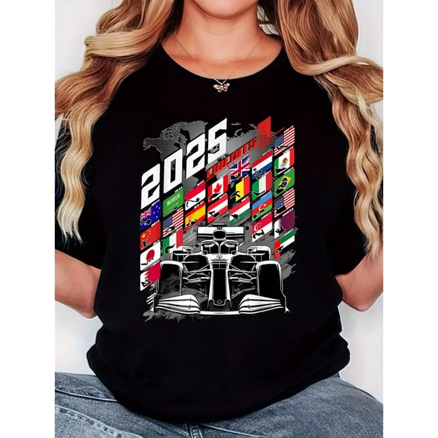 Camisetas divertidas para mujer, con estampado de animales, manga corta, cuello redondo, para verano, casual, holgadas, ligerasWomen'S T-Shirt, "2025 Flag Black Racing" Print, Retro Minimalist Fashi