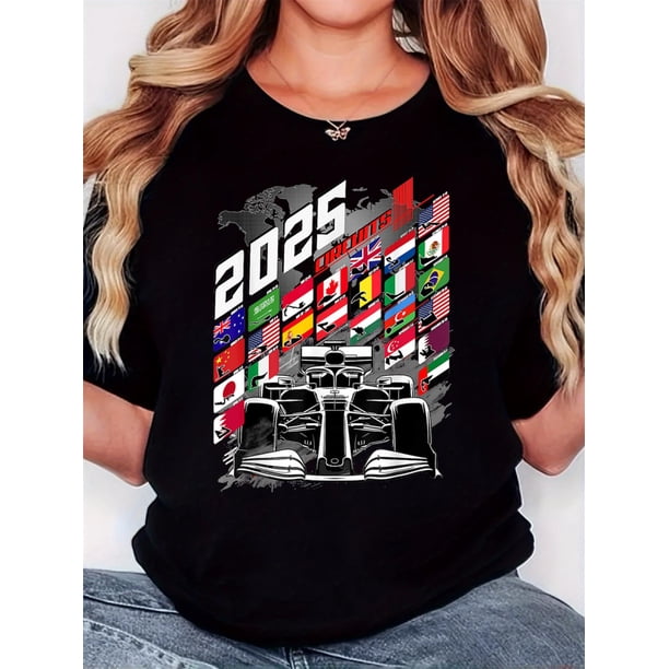Camisetas divertidas para mujer, con estampado de animales, manga corta, cuello redondo, para verano, casual, holgadas, ligerasWomen'S T-Shirt, "2025 Flag Black Racing" Print, Retro Minimalist Fashi