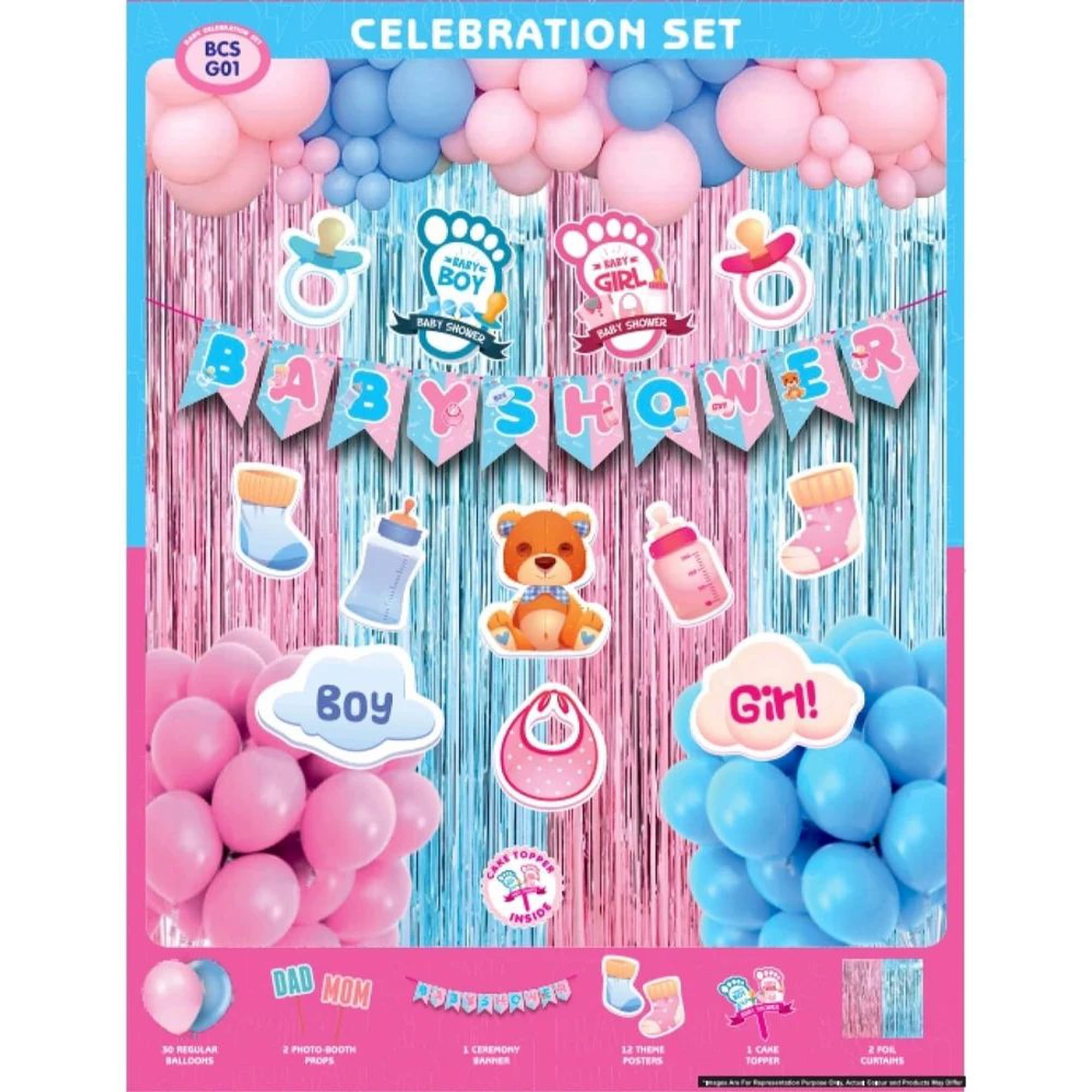 Baby Shower Decoration Kit – Gender Reveal Party Set (Boy or Girl) | Pink Blue Balloon Garland Foil Curtain Backdrop Banner & Photo Booth Props | Welcome Baby Party Supplies