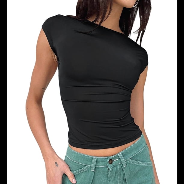 Camiseta Ajustada Sin Espalda para Mujer, de Corta, Cuello Redondo, Informal, de Verano, Estilo Y2K Negro XS