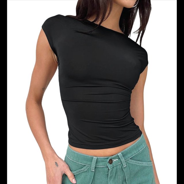 Camiseta Ajustada Sin Espalda para Mujer, de Corta, Cuello Redondo, Informal, de Verano, Estilo Y2K Negro M