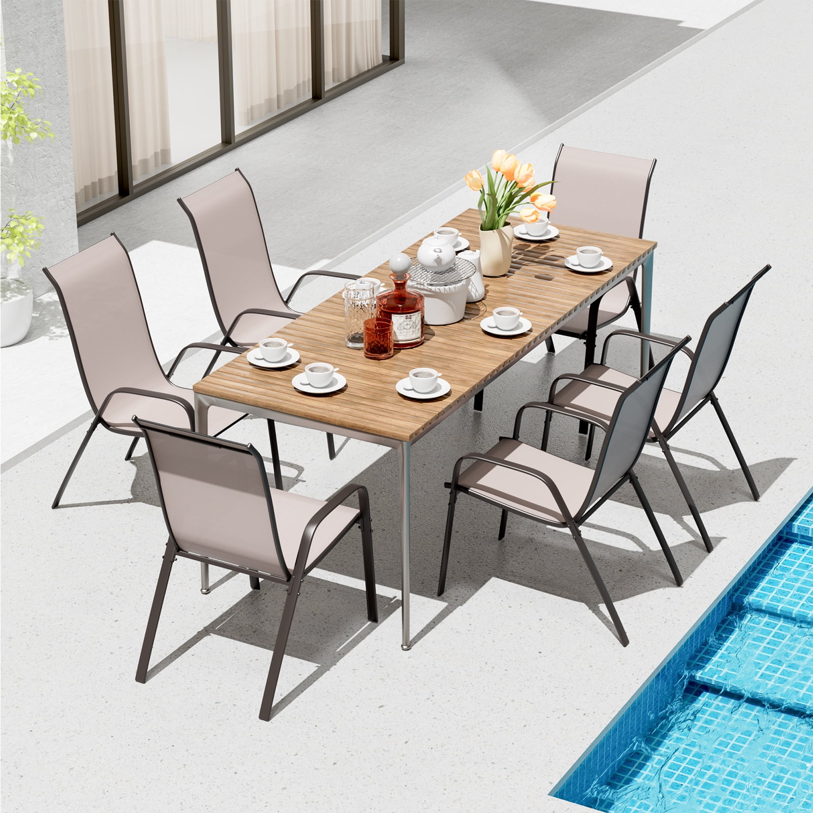 Arlopu 6pcs Patio Dining Chairs, Outdoor Stackable Textilene Chairs Set for Garden Poolside,330 LBS, Beige