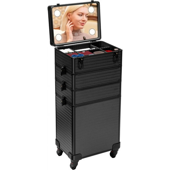 SPECSTAR 4 in 1 Rolling Makeup Train Case with Mirror of LED Lighted 3 Color Setting, Professional Cosmetology Trolley, Black