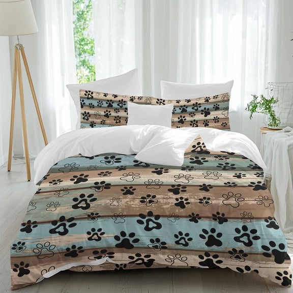 Dog Paws Duvet Cover Set Twin Size Blue Brown Wood Grain Vintage Soft Lightweight Comforter Covers 4 Piece Bedding Set with 1 Duvet Cover 1 Bed Sheet & 2 Pillow Shams