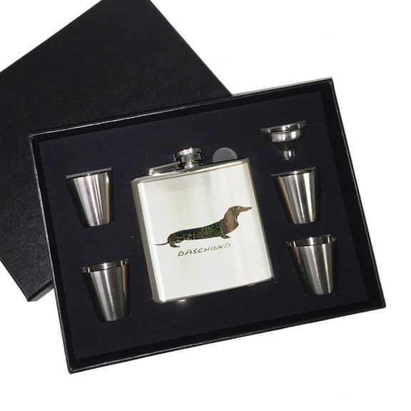 KuzmarK 6 oz. Stainless Steel Flask Set in Black Presentation Box -  Daschund Daschund Camouflage