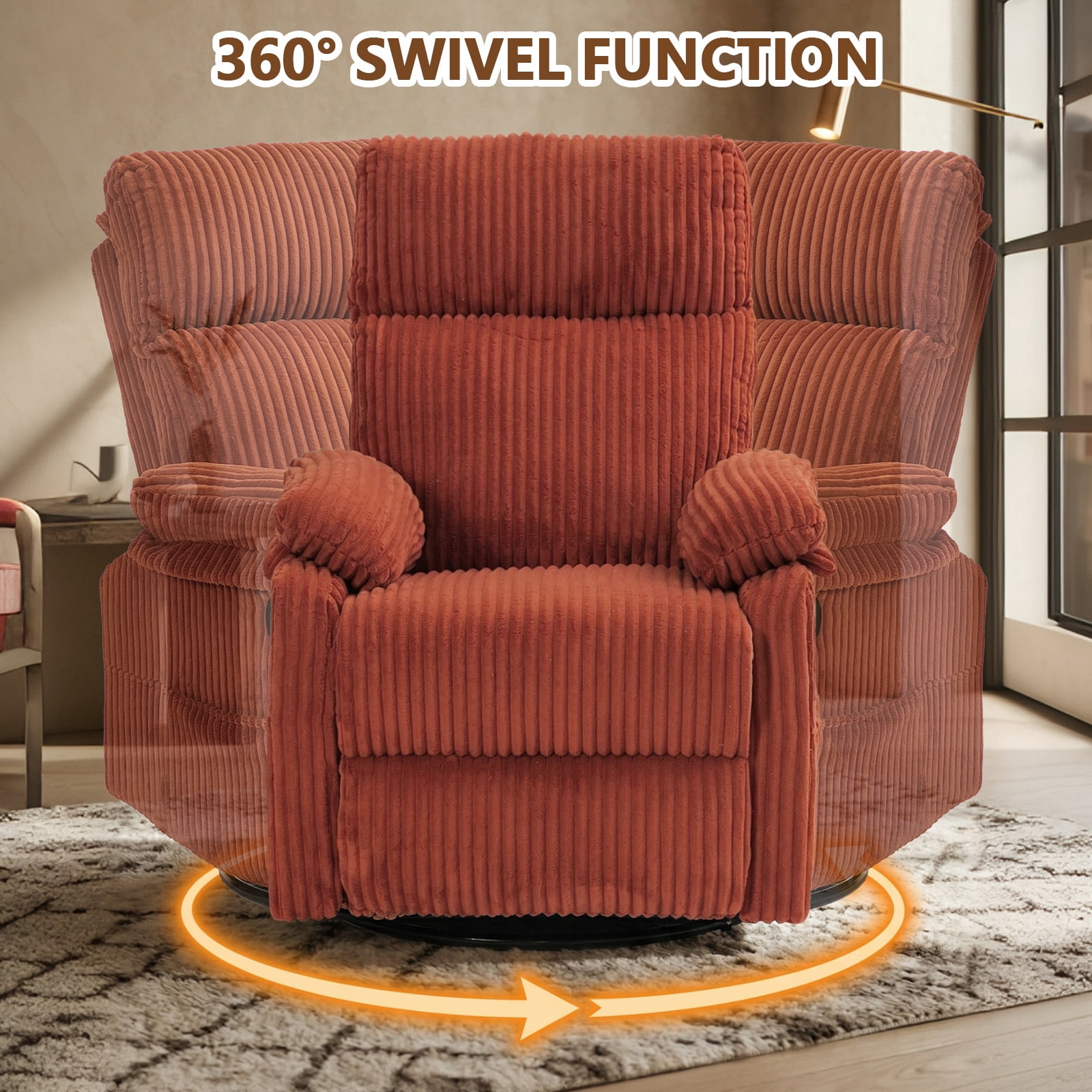 Leumius Swivel Recliner Chair,360° Swivel Rocker Chair for Living Room,Upholstered Nursery Glider Recliner Chair for Small Spaces,Manual Recliner for Adults for Home Theater,Orange