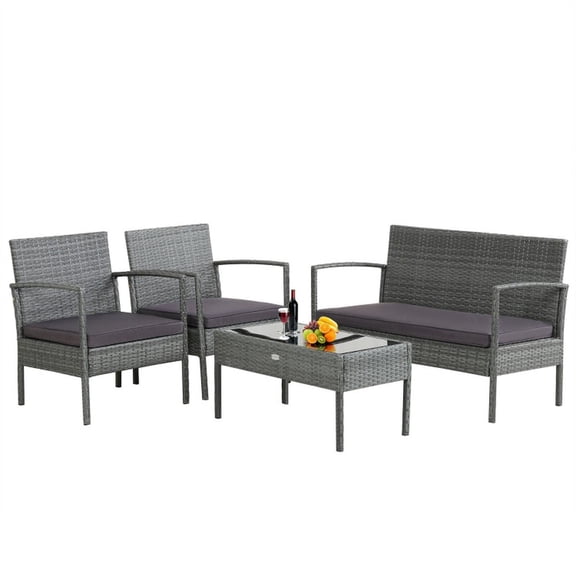 Biotree Patio Furniture Set 4 Pieces Rattan Outdoor Conversation Set with Loveseat Sofas and Glass Coffee Table for Garden Backyard Porch, Grey
