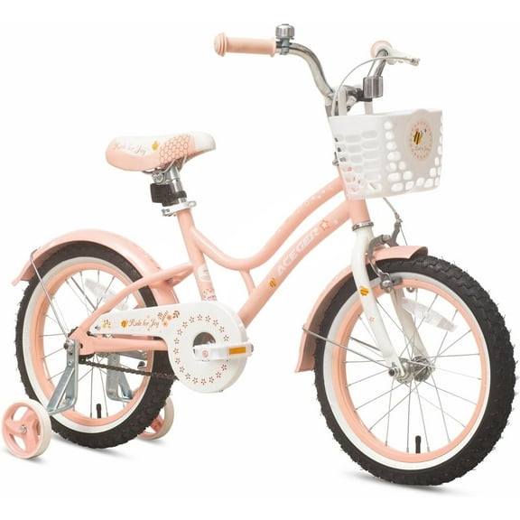 ACEGER 16 Inch Bike with Basket and Training Wheels for Girls Ages 5-9, Pink