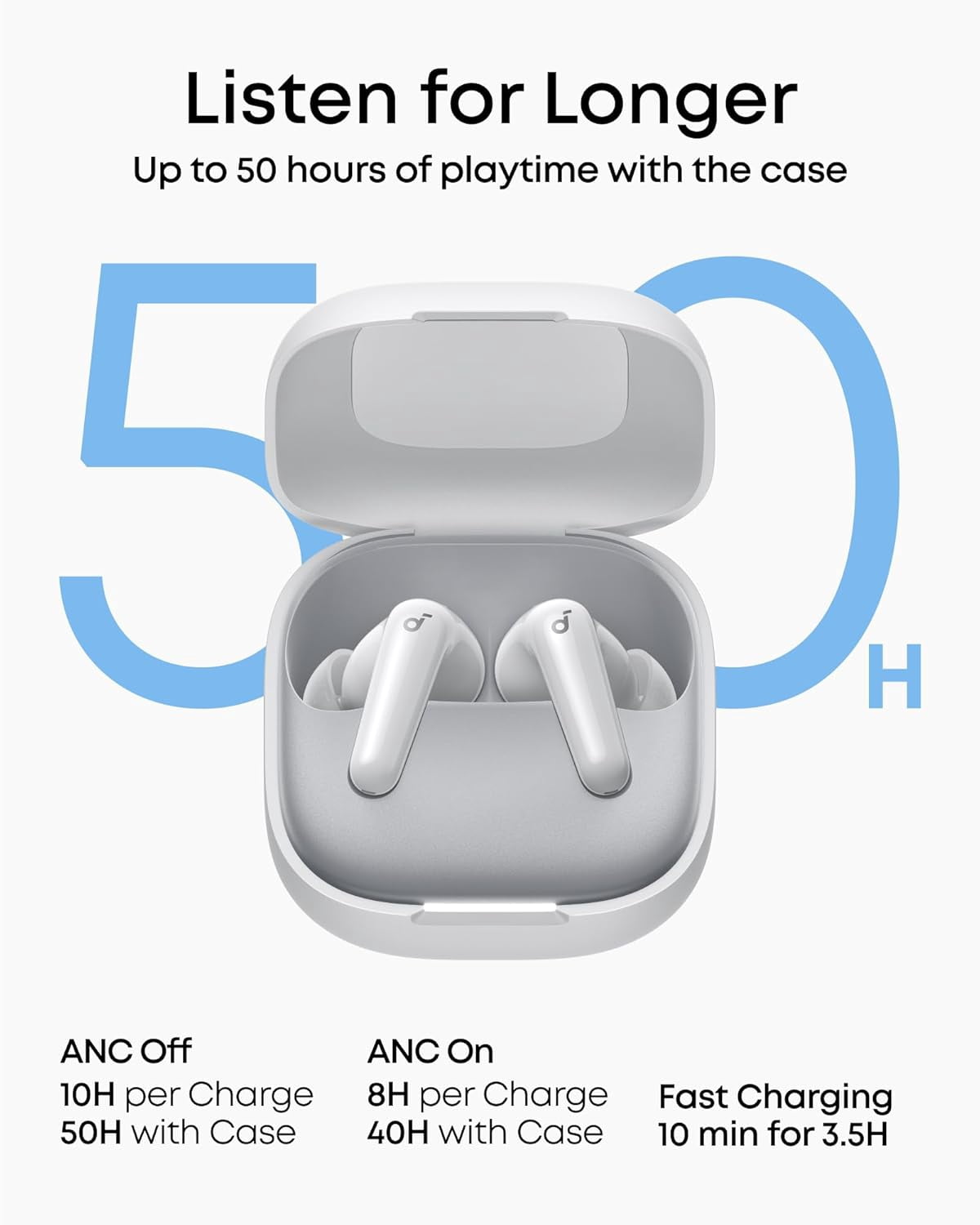soundcore P31i Wireless Earbuds – Hi-Res Audio, Adaptive Noise Cancelling, 50H Battery Life, Fast Charging, IP55, Ultra-Portable – White
