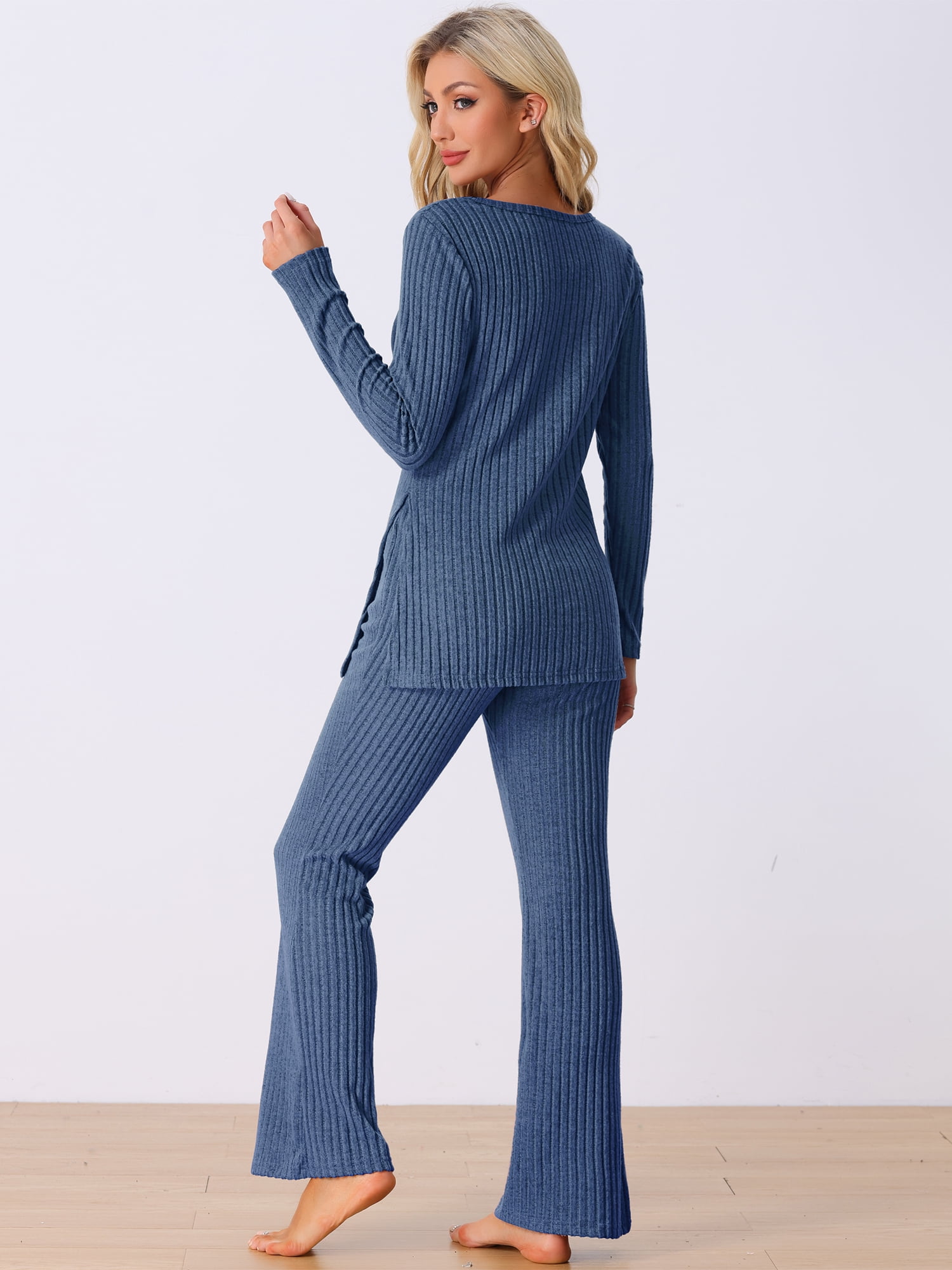 DARING DIVA Women's Ribbed Knit Lounge Set Pajama Sets Matching Outfits XL Navy Blue