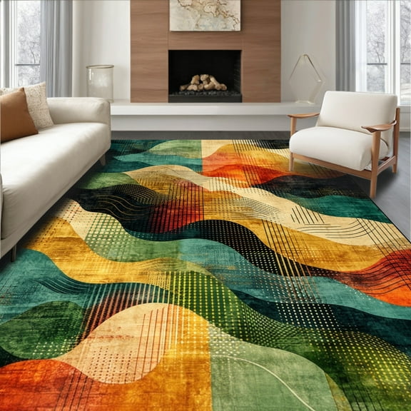 Ultra Soft Area Rug, Abstract Colorful Gold Black Green Orange Wave, Non Slip, Stain Resistant, Washable Area Rugs for Living Room, Bedroom(Brown, 4X6)