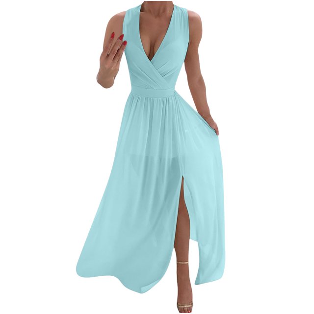 DPTALR Robe Longue à Manches Longues Fendue Col en V Couleur Unie pour Femmes
